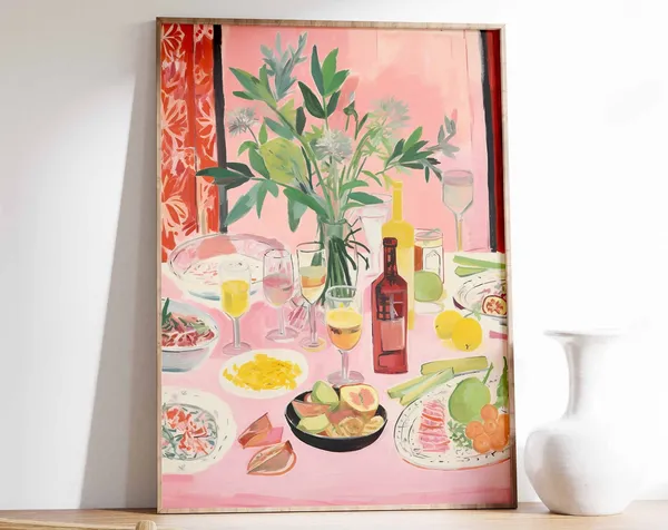 Retro Dinner Table Food Print, Vintage Kitchen Decor