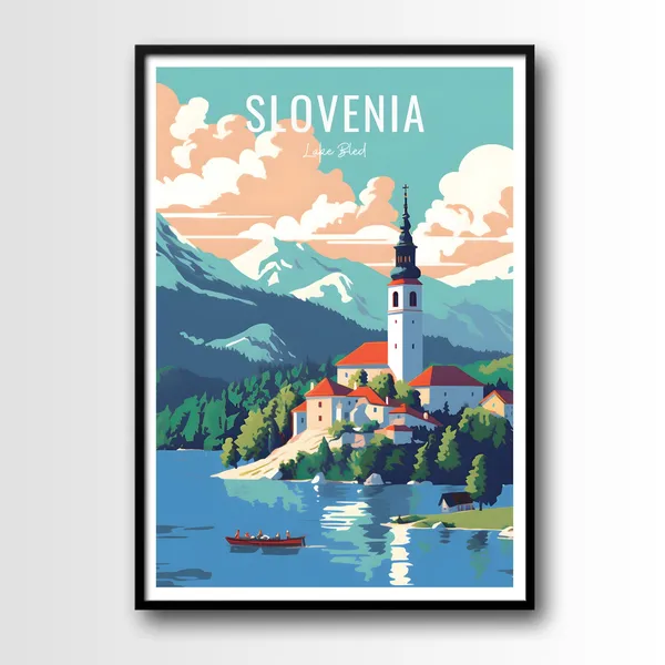 Lake Bled Slovenia Travel Poster, European Wall Art