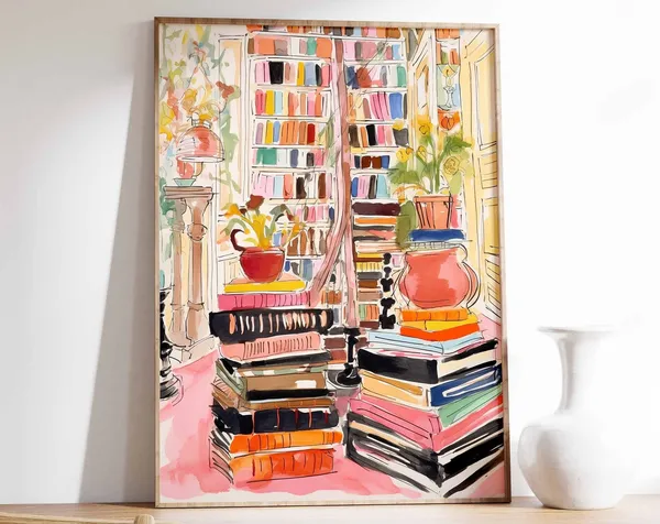 Vintage Bookshop Poster, Retro Reading Room Art Print