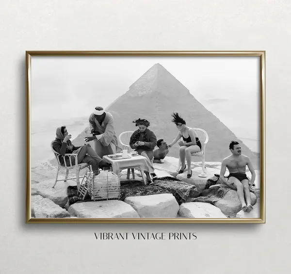 Picnic At Pyramid Black And White Vintage Art Print