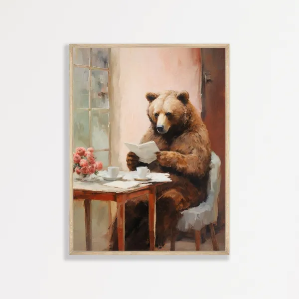 Reading Brown Bear Cute Funny Kids Room Art Print