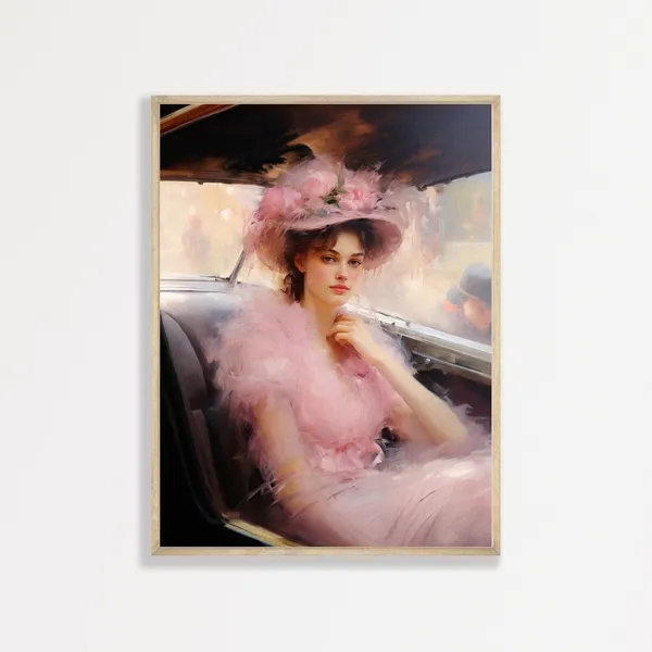 Retro Elegant Woman Portrait Art Print, Pastel Pink
