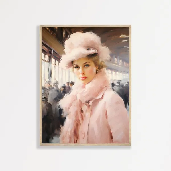 Train Station Portrait, Pastel Pink Oil Painting Print