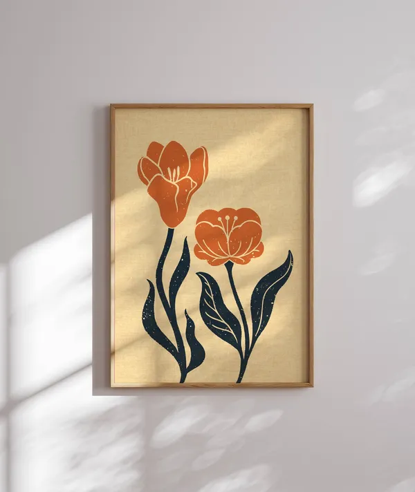 Retro Floral Abstract Tulip Poster, Mid-Century Boho