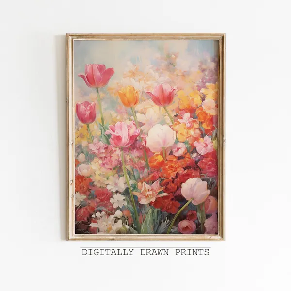 Pink Wildflowers Art Print, Vintage Floral Cottage Decor