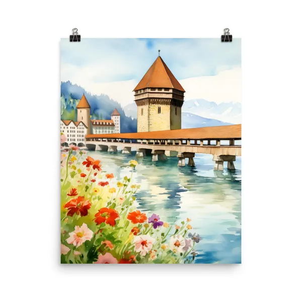 Lucerne Watercolor Travel Poster, Switzerland, Chapel Bridge