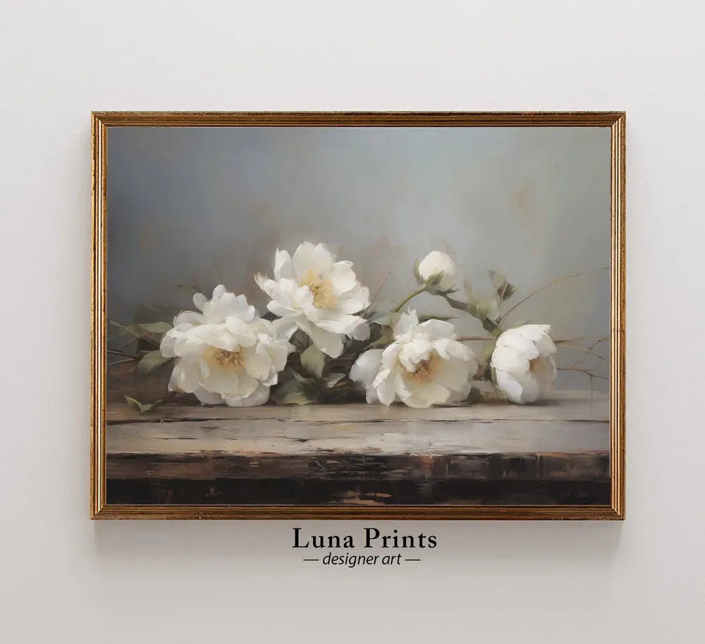 White Peonies Painting Art, Muted Toned Floral