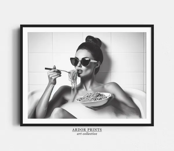 Woman Eating Spaghetti In Bathtub Art Print