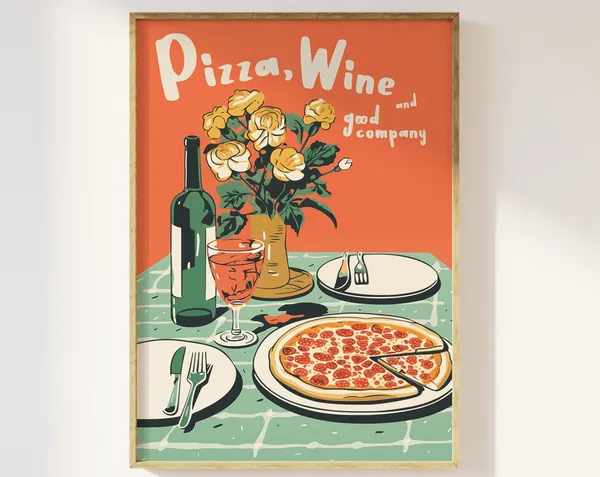Pizza, Wine and Good Company Retro Art Print