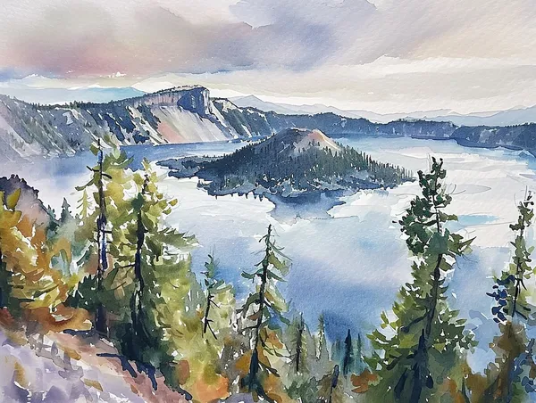 Crater Lake National Park Watercolor Art Print, Oregon