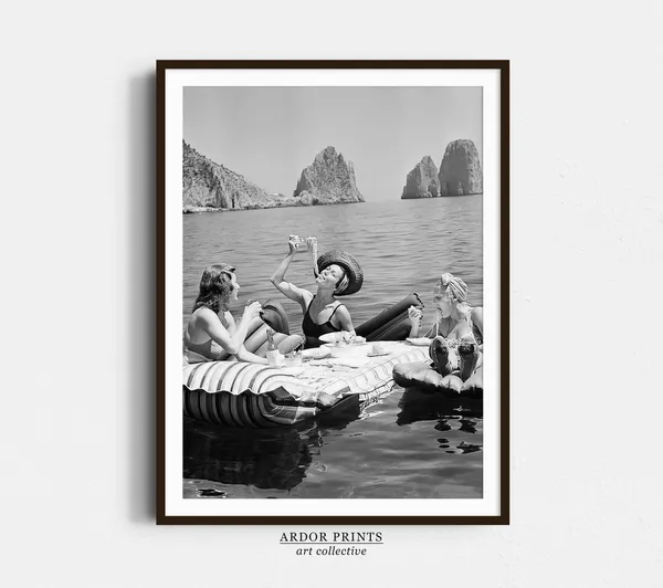 Women Eating Spaghetti on Water, Vintage Art Print