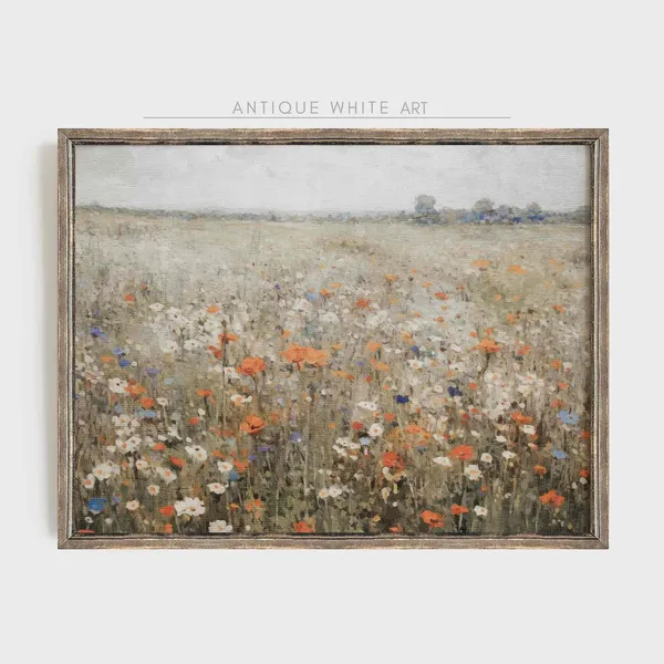 Wildflower Field Vintage Painting, Autumn Landscape Art Print