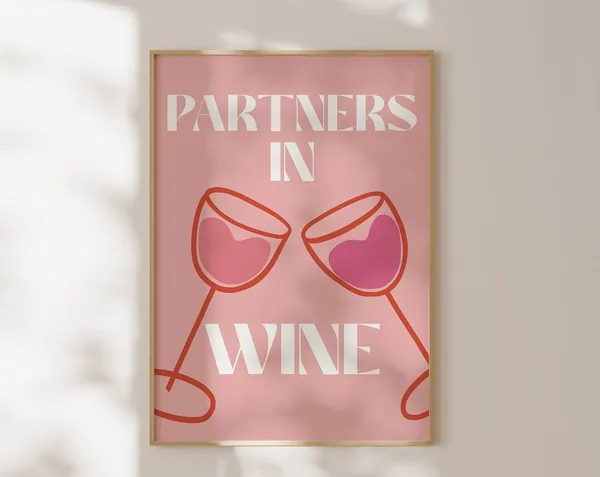 Partners In Wine Cheers Wine Poster, Bar Cart Art Print