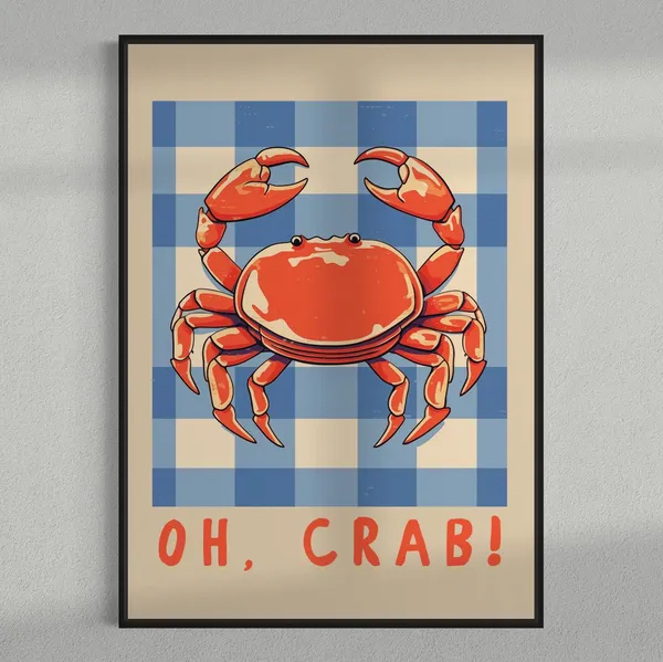 Crab Kitchen Art Print, Colorful Coastal Wall Art