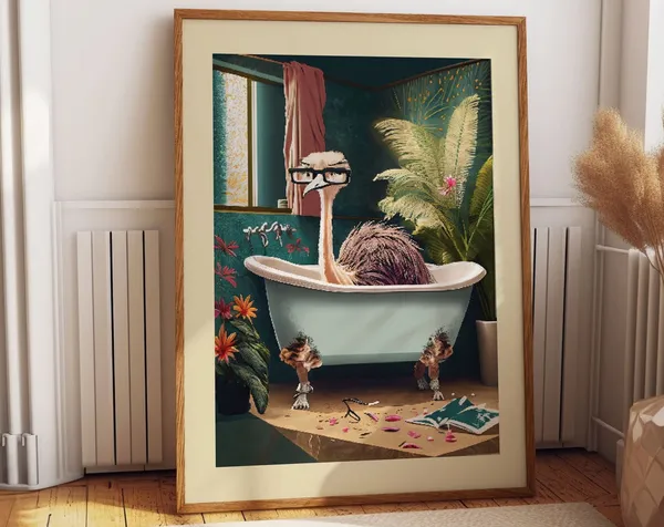 Whimsical Ostrich Bathtub Watercolor Bathroom Art Print