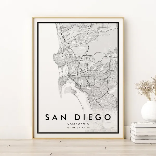 San Diego Antique Map Art Print, City Streets