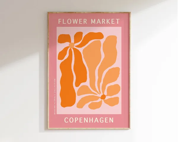 Copenhagen Flower Market Poster, Retro 70s Floral Art