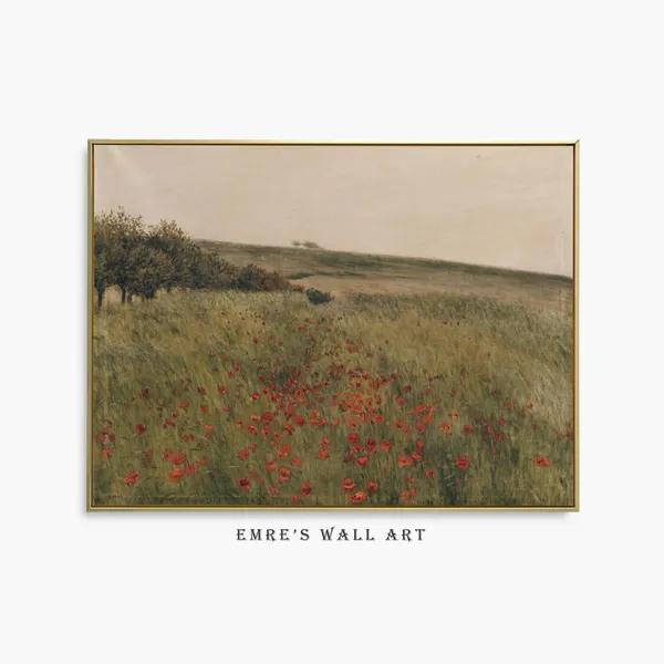 Poppy Flower Print, Vintage Spring Landscape Art
