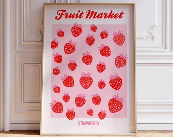 Pink Strawberry Art Print, Maximalist Kitchen Decor