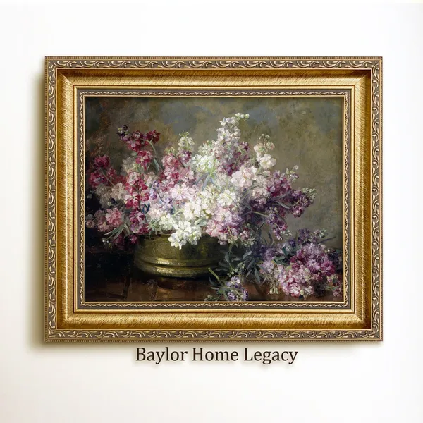 Vintage Floral Still Life, White and Purple Flowers Art Print