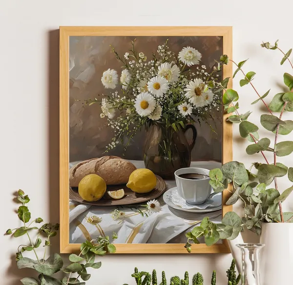 Vintage Neutral Lemons and Daisies Farmhouse Art Print