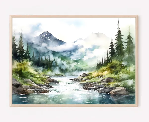 Alaska Watercolor Travel Poster, Mountain River Art Print