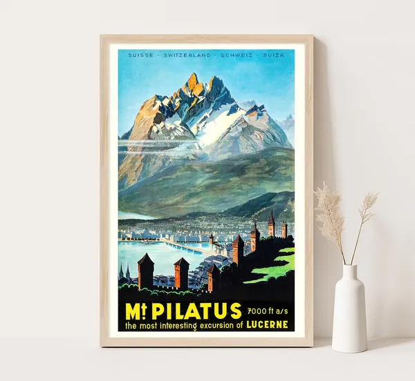 Pilatus Mountain Over Lucerne, Swiss Travel Poster