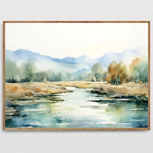 Watercolor Landscape Abstract Art Print, Lake Trees
