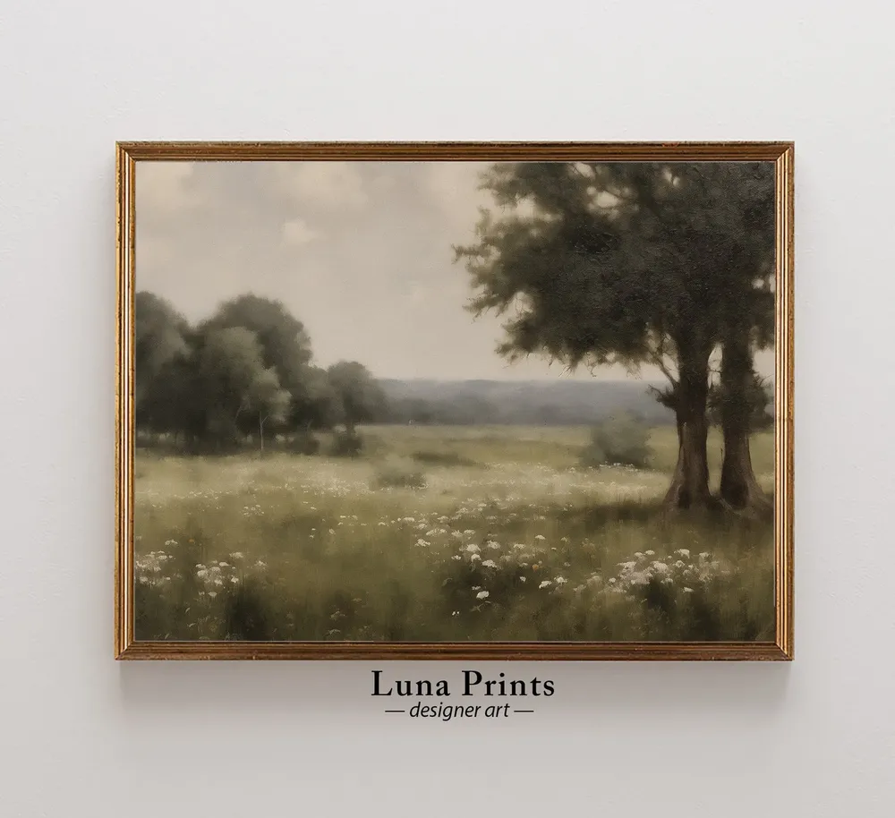 Moody Landscape Vintage Painting, Trees and Flowers