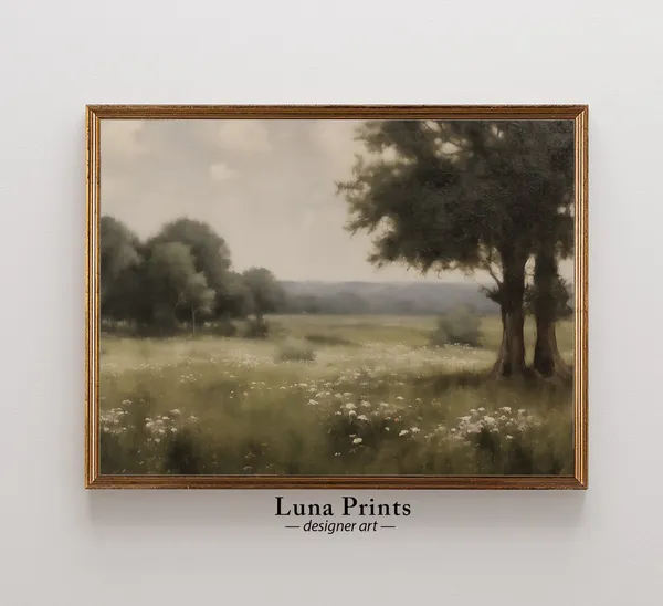 Moody Landscape Vintage Painting, Trees and Flowers