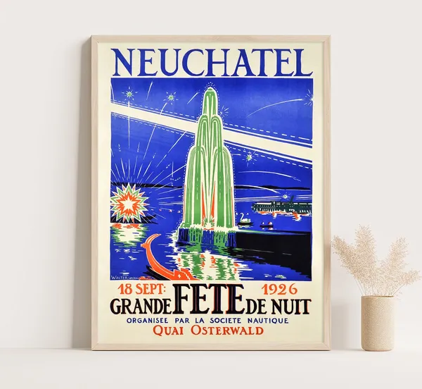 Neuchatel Switzerland Vintage Art Deco Travel Poster