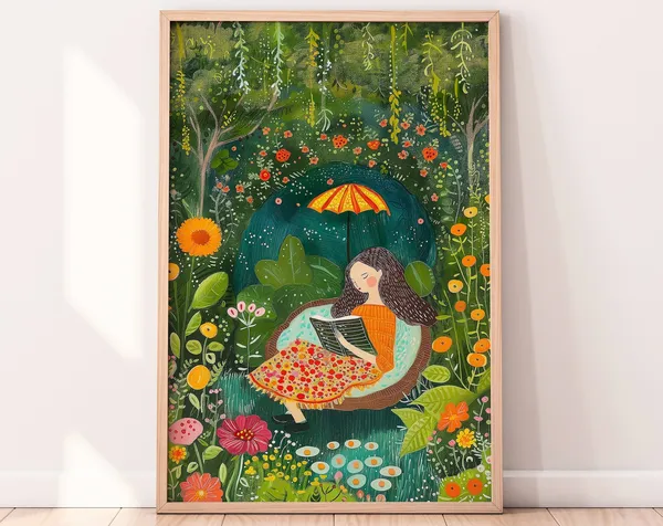 Reading In The Garden Art Print, Book Lover Decor