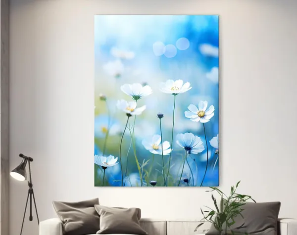 Blue Flowers Meadow, Black and White Art Print