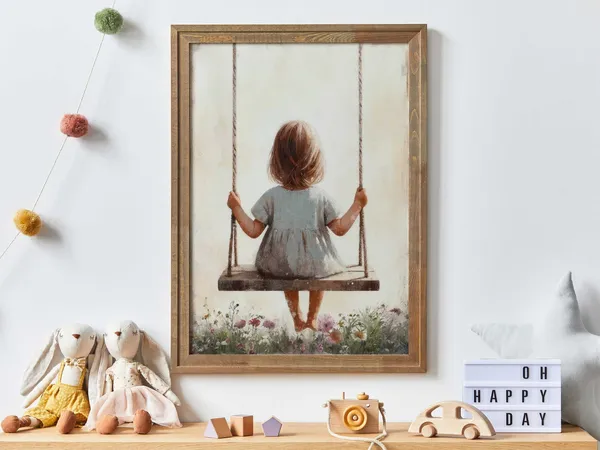 Little Girl on a Swing, Vintage Nursery Art Print