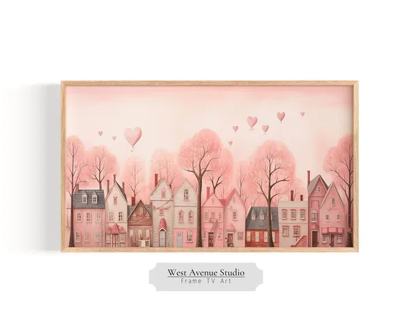 Valentine Heart City Village Pink Neutral Art Print