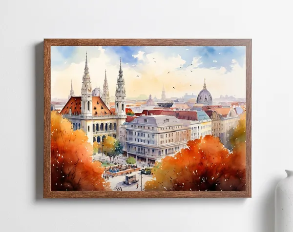 Vienna Watercolor Travel Poster, Autumn Cityscape