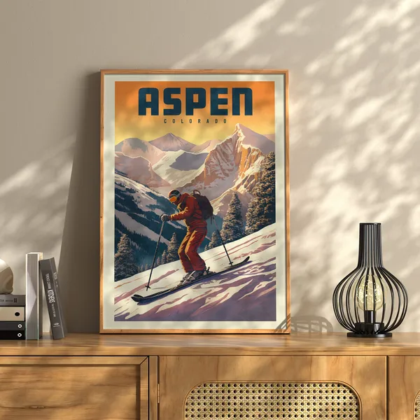 Aspen Colorado Skier Vintage Travel Poster