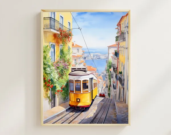 Lisbon Tram Watercolor Travel Poster, Portugal