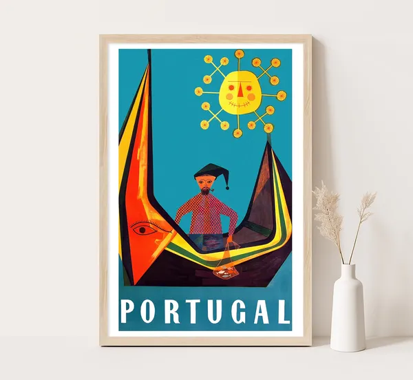Fisherman In Boat Portugal Vintage Travel Poster