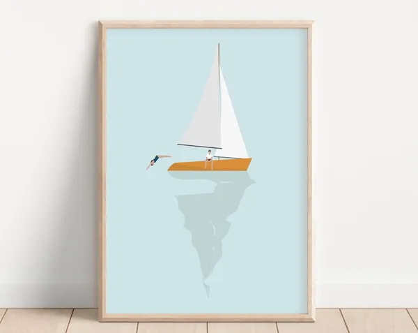 Tiny People on Sailboat Minimalist Ocean Poster