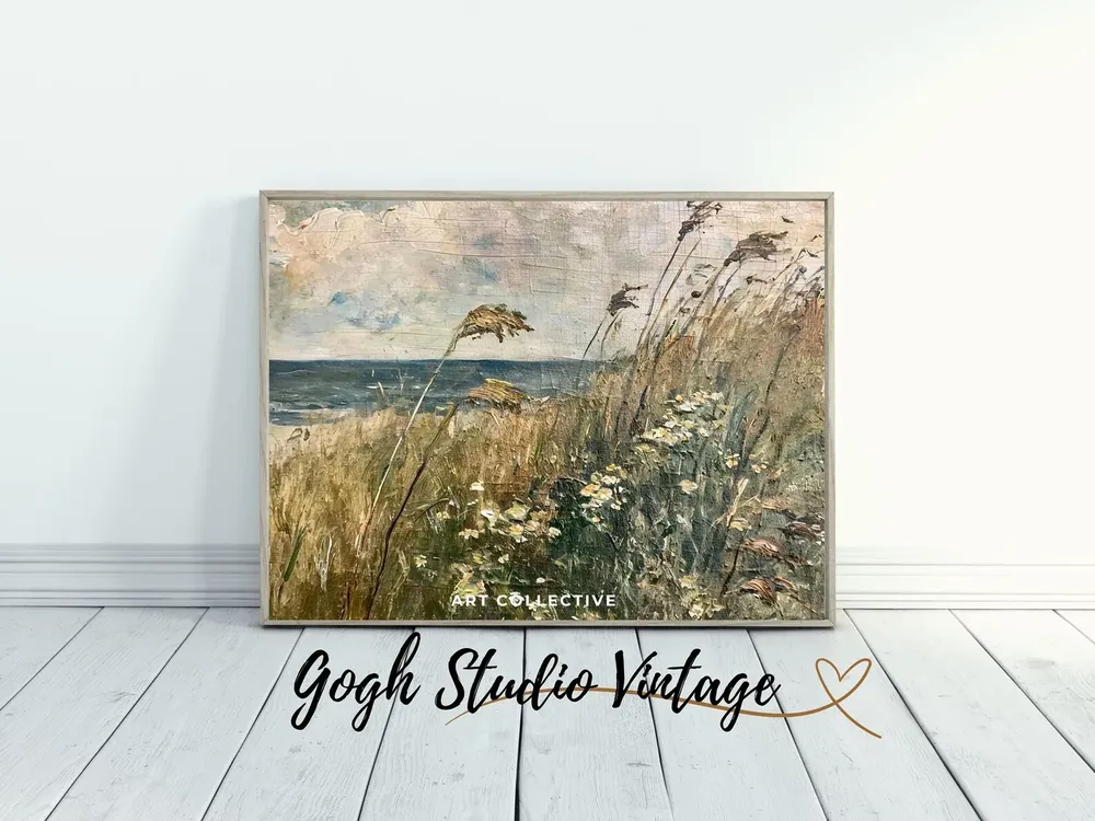 Vintage Beach and Wildflowers Art Print, Coastal Decor - Image 2