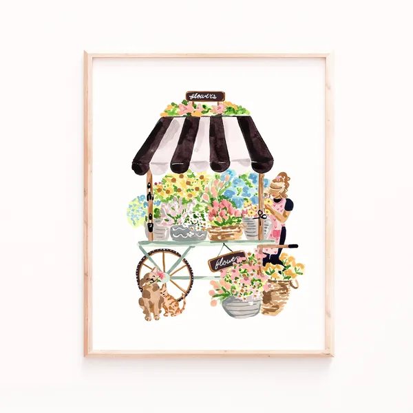 Flower Cart Art Print, Watercolor Floral Decor