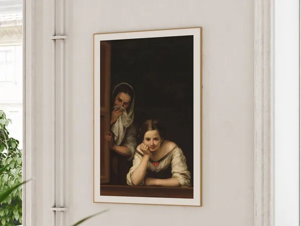 Two Women Painting Bathroom Art, Vintage Mid-Century