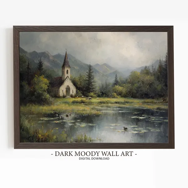 Vintage Church Painting Moody Landscape Art Print