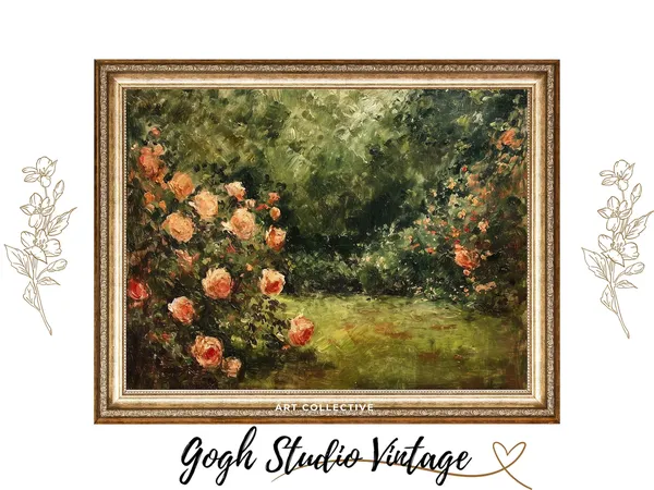 Vintage Rose Garden Oil Painting Art Print, Pink Roses