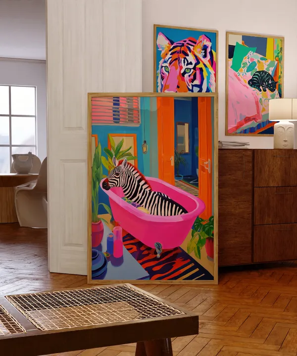 Zebra In A Bath, Maximalist Bathroom Art Print