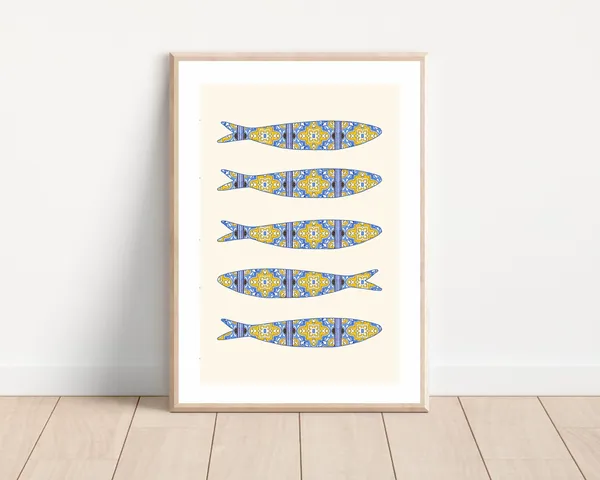 Portuguese Sardine Azulejo Art Print, Boho Mediterranean