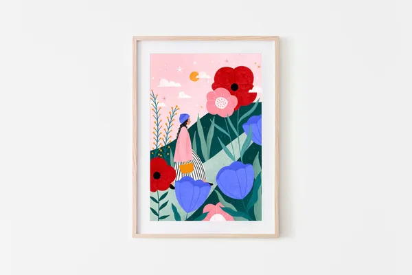 Flower Walk Floral Art Print, Whimsical Nature Poster