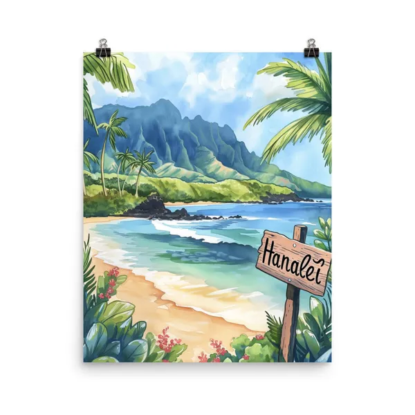 Hanalei Watercolor Travel Poster, Kauai Hawaii