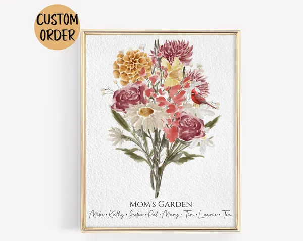 Family Flower Bouquet Watercolor Birth Month Flower Art